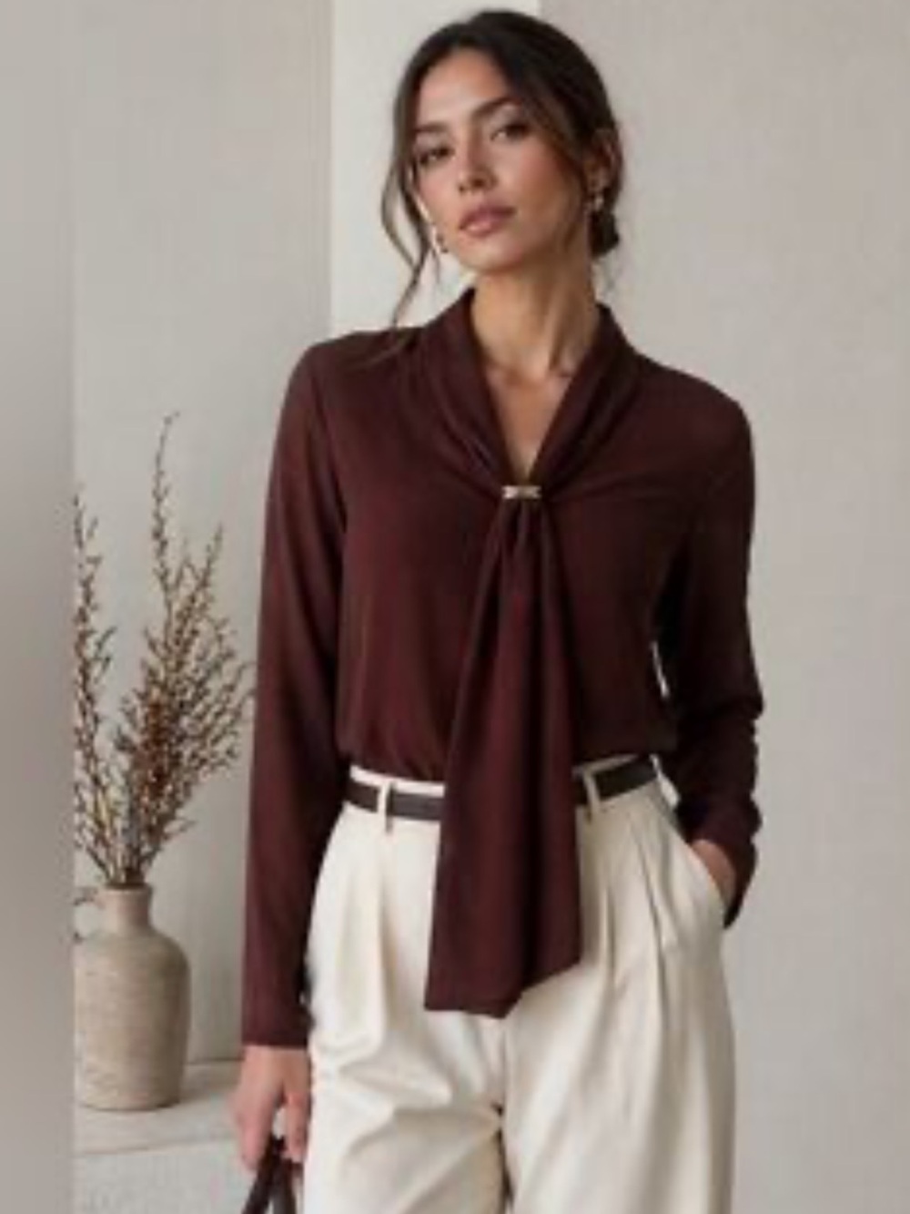 Zara Dark Brown Tie-Neck Long Sleeve Top